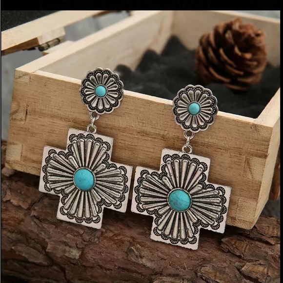 Silver Plated Native American Style Silver and Turquoise Drop Earrings - Picture 5 of 6